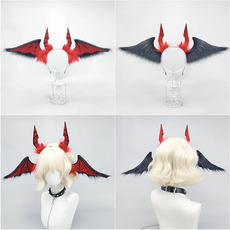 Halloween Hell Demon Cosplay Bat Ears Headpiece Black Red Plush Ears Headdress For Women Carnival Party Role Play Accessories