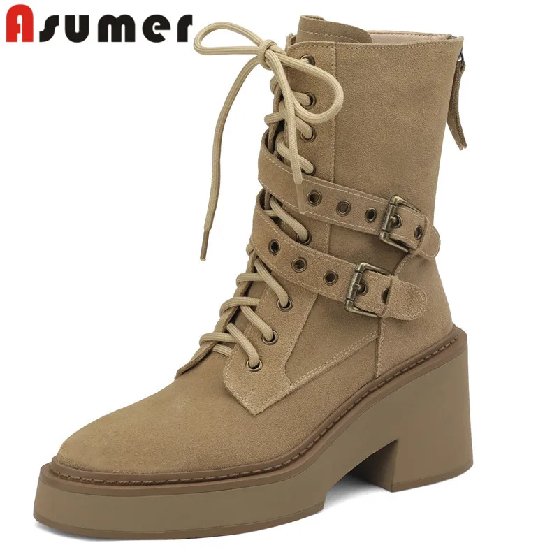 

ASUMER 2024 New Cow Suede Leather Mid Calf Boots Narrow Band Ladies Buckle Winter Boots Zipper Square High Heels Platform Shoes