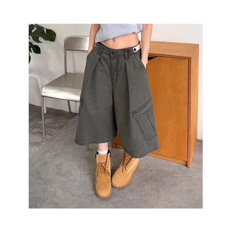 American retro old pocket tooling cropped pants 2026 women's summer casual loose shorts