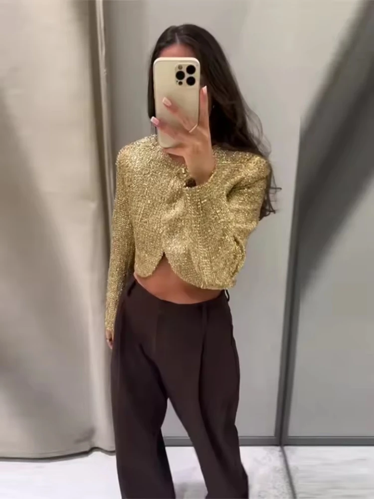 

Fashion Gold Sequins Short Jackets Women Sexy O-neck Single Buttons Crop Jackets Coats Female Chic Evening Club Party Outwears