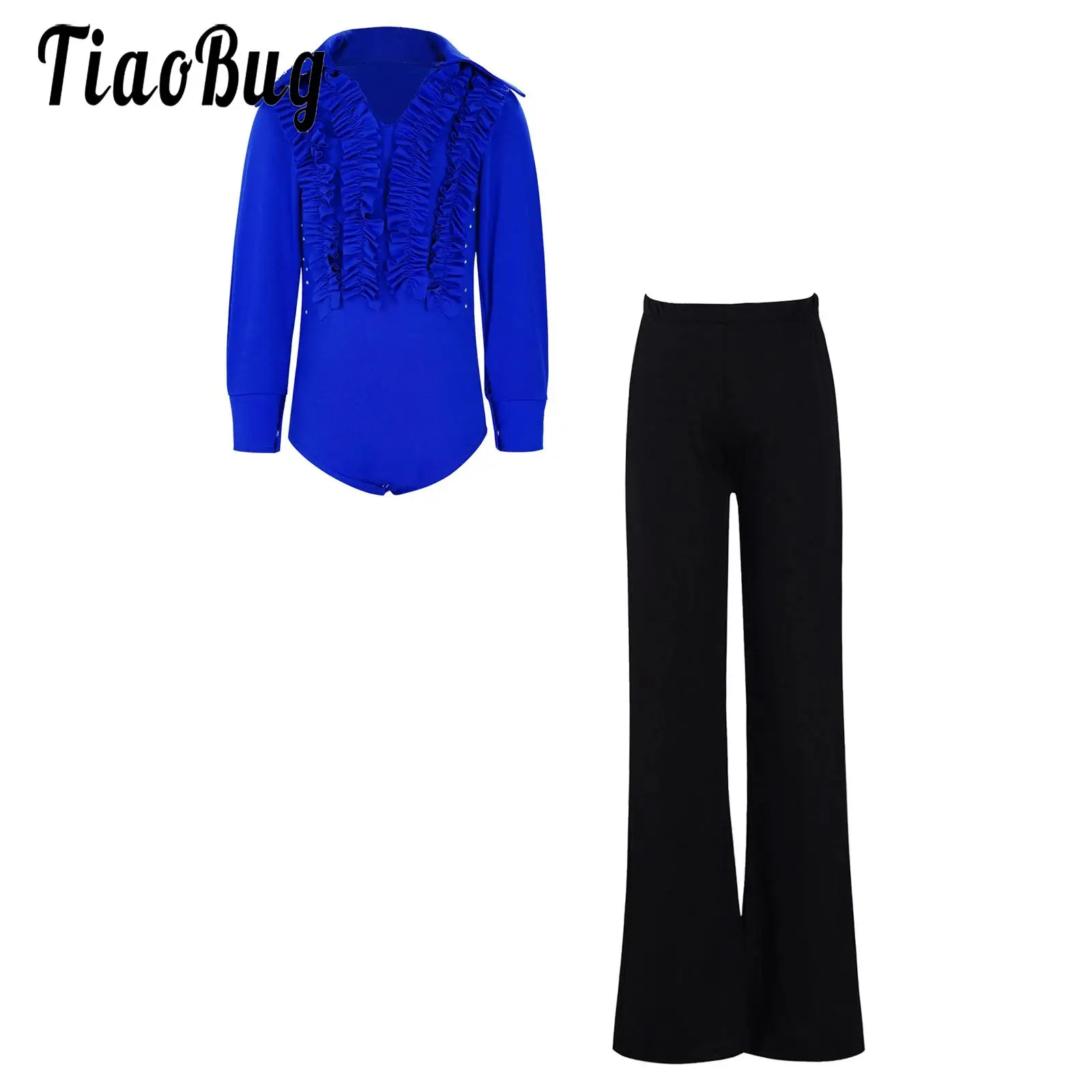 Kids Boys 2-piece Latin Dance Outfit Turn-down Collar Long Sleeve Ruffles Leotard with Pants for Rumba Tango Performance Set