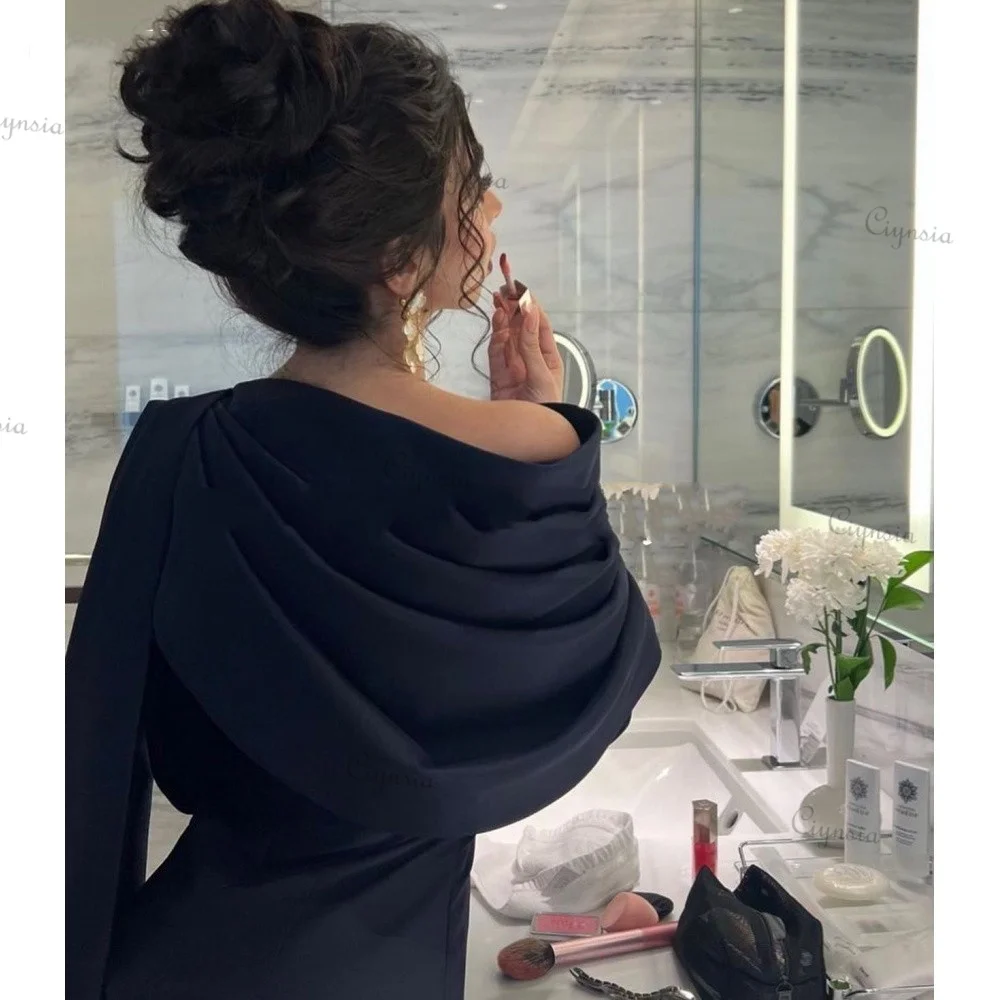 Ciynsia One Shoulder Navy Blue Bespoke Occasion Evening Dresses Women Saudi Arabia Satin Long Sleeves Elegant Formal Party Gowns