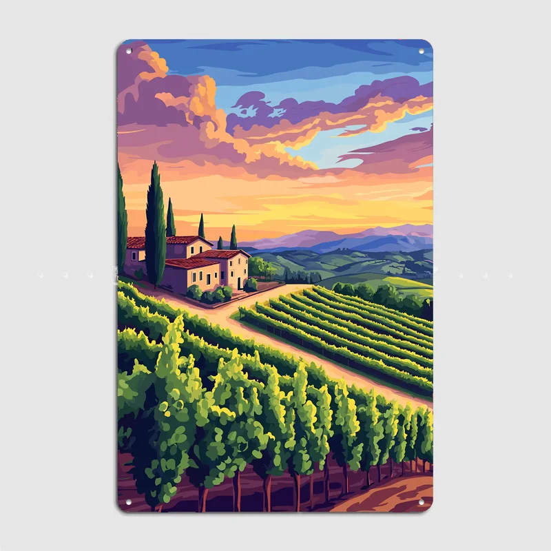 Tuscan Vineyard Sunset Travel Poster Metal Sign Posters Bar Bedroom Custom Wall Decorations Room Decoration Interior Home Decor