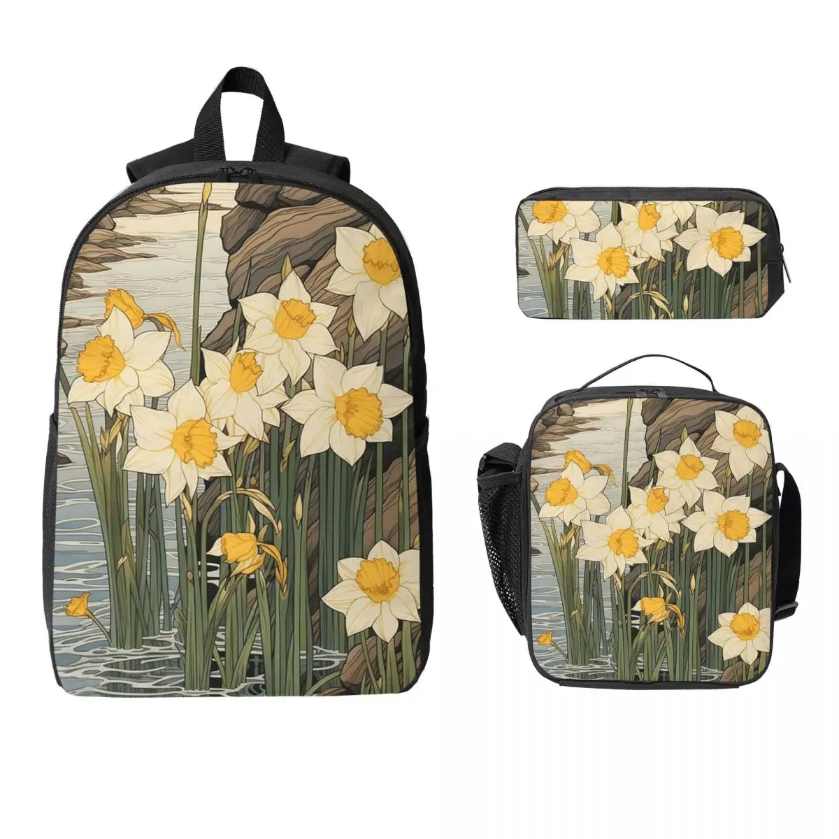 Daffodil Floral Print Backpack Boys Girls BookBag School Bag Computer Shoulder Bags 3ps Insulated Lunch Bag Pencil Case