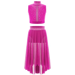 Kids Girls Modern Lyrical Dance Ballet Skating Gymnastics Performance Dancewear Sleeveless Shiny Rhinestones Crop Top with Skirt