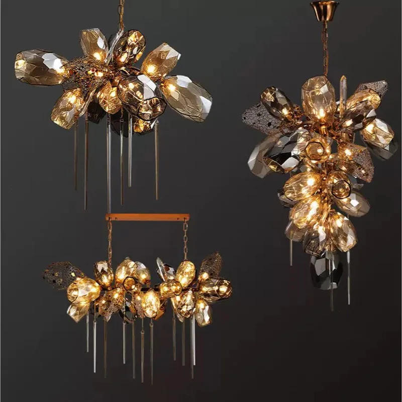 Golden crystal chandelier, stainless steel hollow lustre design, G9 light source, adjustable height, ceiling hanging lighting