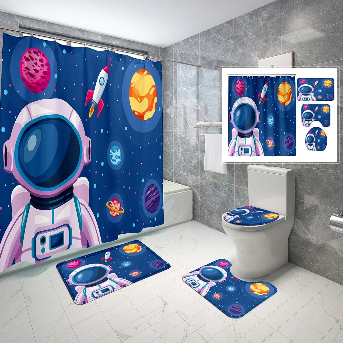 Juego de cortinas de ducha con cohete de dibujos animados, tapete de baño antideslizante con astronauta, nave espacial, planeta, tapa de inodoro, juegos de cortinas de ducha impermeables, 4 Uds.