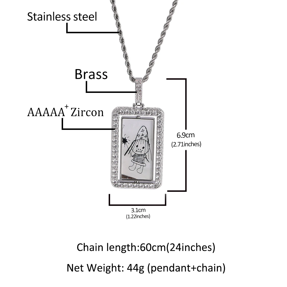 Uwin Custom Spinning Double Sides Photo Rectangle Shape Pendant Necklace Support 2Pictures Memory Jewelry For Couple Family Gift