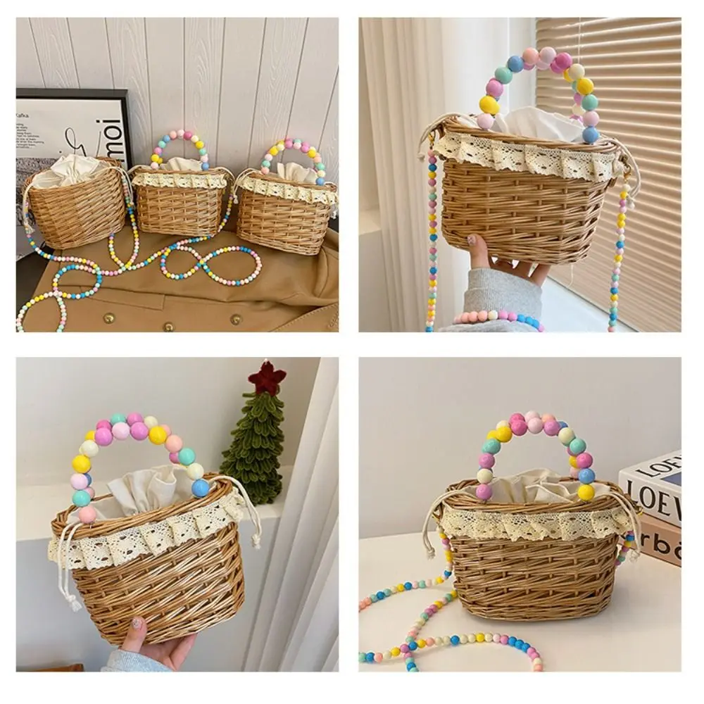 Handmade Straw Handbag Fashion Rattan Woven Large Capacity Straw Crossbody Bag Bead String Shopping Basket Women Girl