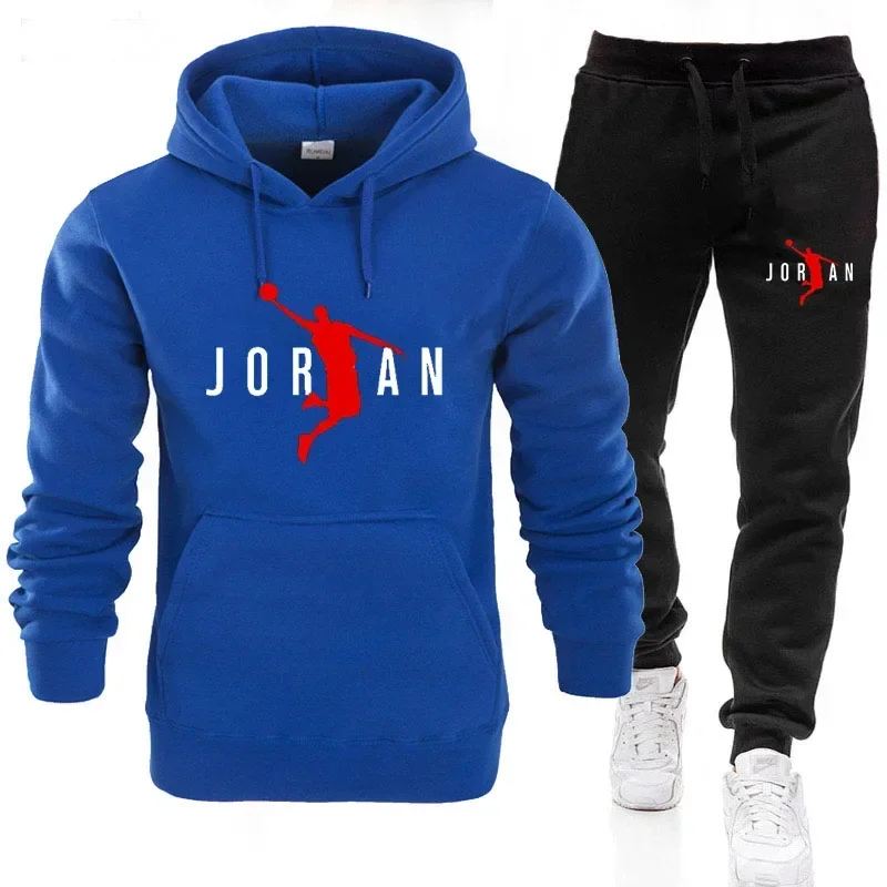 Conjunto de 2 piezas para hombre: sudadera con capucha y pantalones deportivos, estampado Jordan, tejido polar, ropa deportiva de abrigo, atuendo informal de estilo urbano.