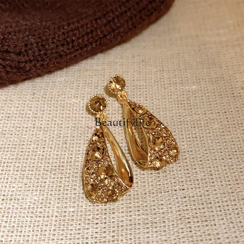 

Full Diamond Droplet French Gold Stud Earrings Retro Premium Earrings