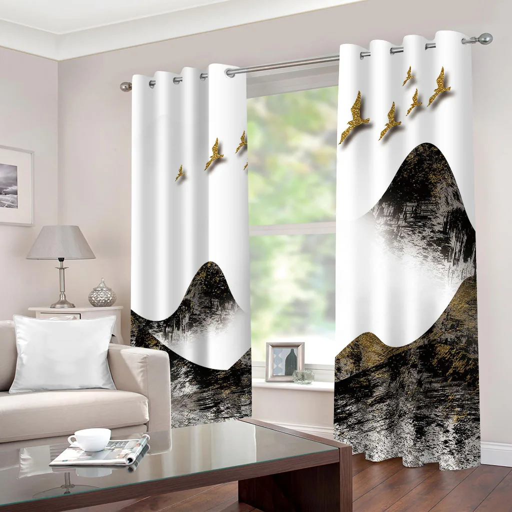 Customized Luxury Curtains For Living Room Abstract Ink Landscape Tasteful Modern 2 Pieces Winodw Curtain For Bedroom