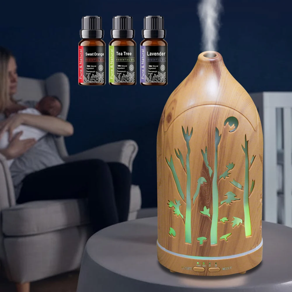 

Light Wood Color Mist Humidifier 7-Color Aromatherapy Diffuser with 3 Oil Bottles Auto Shut-Off, Perfect for Home & Yoga Lovers
