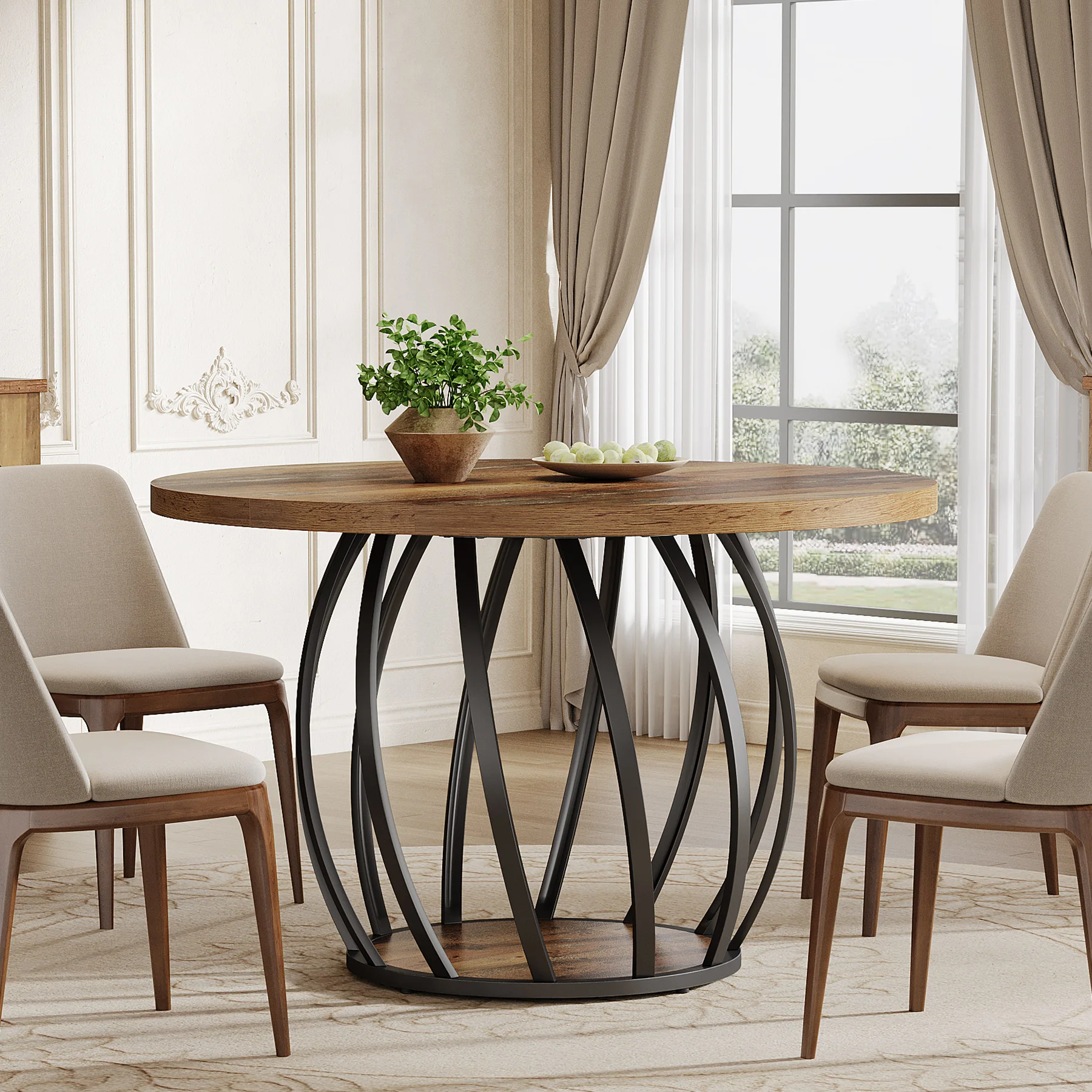 طاولة طعام مستديرة من Tribesigns، مقاس 46 بوصة (118 سم) طاولة مطبخ خشبية مع قاعدة معدنية قوية تتسع لـ 4-6 أشخاص، بني ريفي