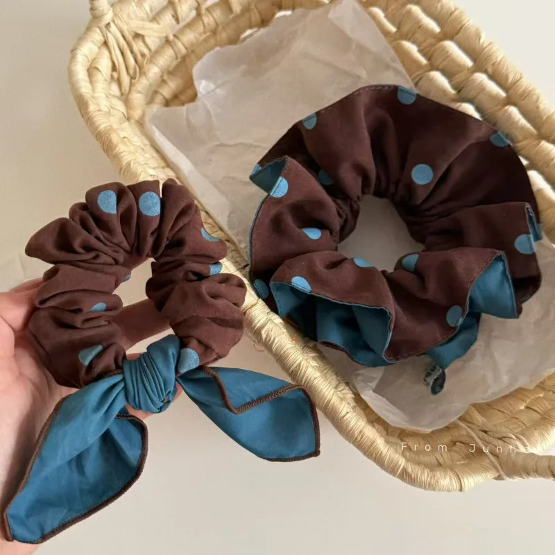 

Коричневая двусторонняя тканевая повязка для волос в горошек, резинка для волос в корейском стиле для толстой кишки для женщин