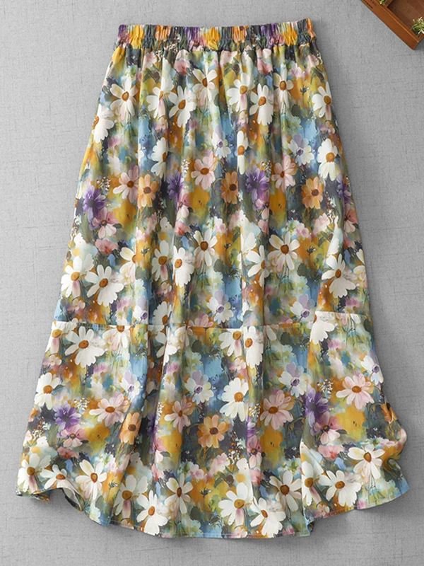 

High-End Vintage Monet Oil Painting Floral Cotton Linen A-Line Skirt Women Summer Flower Print Linen Skirts City Commute