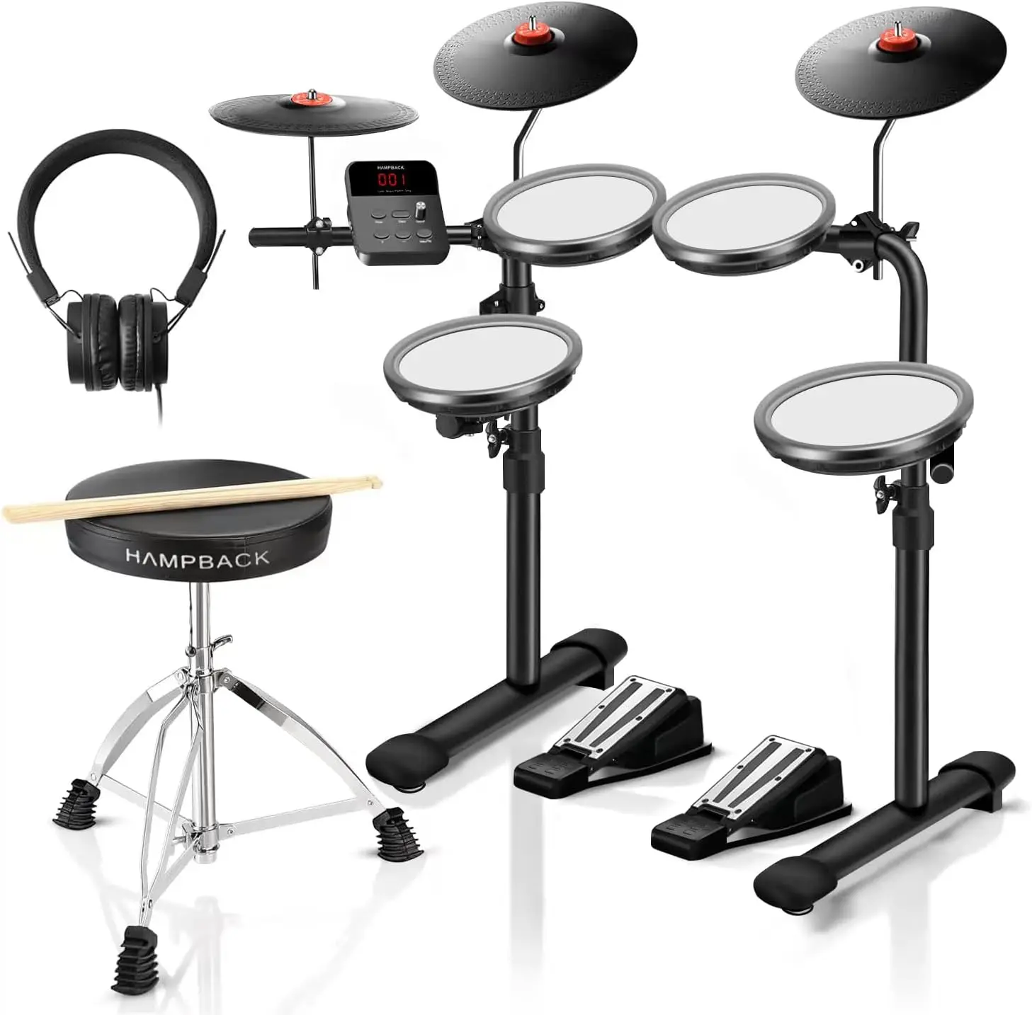 

Electric Drum Set with 4 Quite Mesh Electronic Pads, 5" Kick Drum, 12 Kits and 68 Authentic Sounds, USB MIDI, Throne, Stick