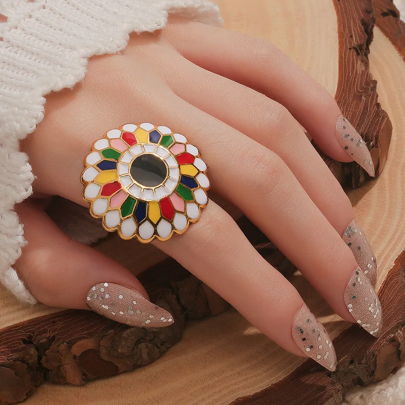 Anillo de flores coloridas Vintage bohemio para mujer, accesorios de joyería, étnico, Color dorado grande, anillo ajustable, joyería de fiesta, Bisutería
