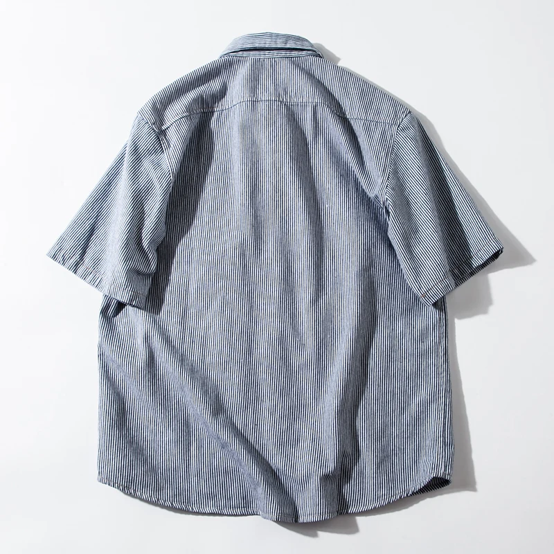 Japanese Retro Striped Oxford Workwear Multi Pocket Heavyweight Shirt for Men Vintage Summer 24SS Y2k Youth Male Casual Tops