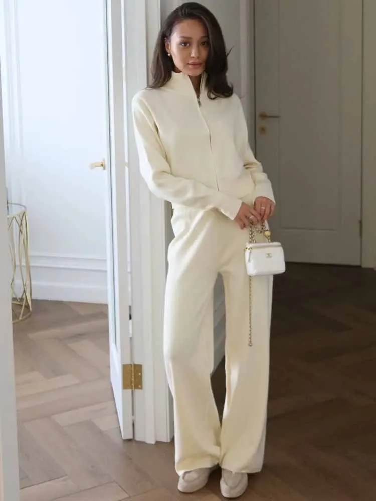 BKQU Autumn Winter Double Zipper Knitted Pants Set Women Casual Long Sleeve Pullover Sweater Wide Leg Trousers 2 Piece Tracksuit