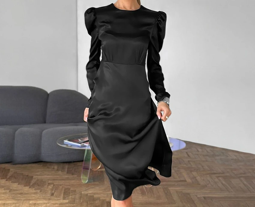 

Design Sense Satin Ice Silk Slimming Dress 2025 Spring and Summer New Black Long Dress for Women