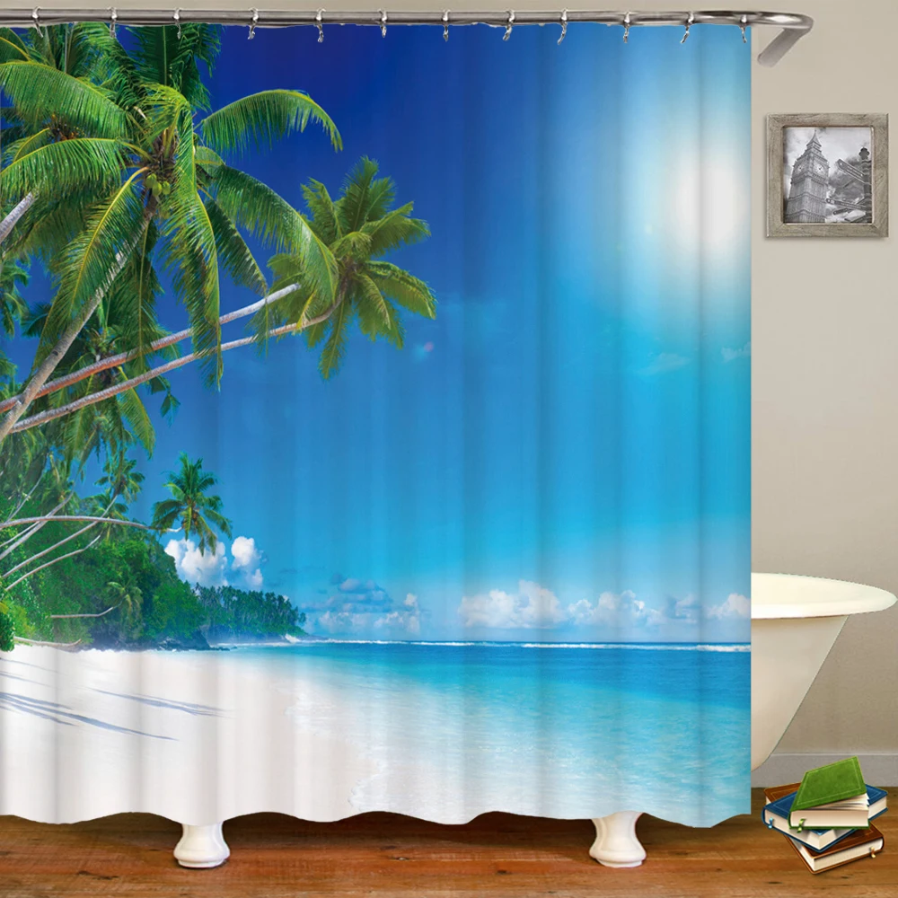 Beach Ocean Shell Waterproof Shower Curtains Sea Scenery Bath Curtains Bathroom Home Washable Fabric Bath Screen With 12 Hooks