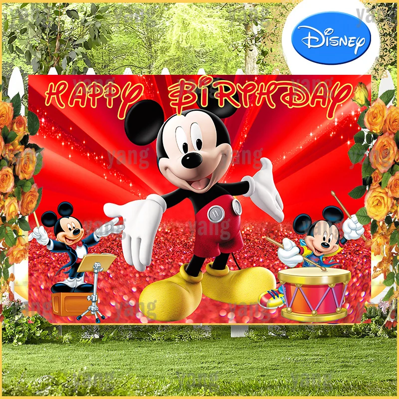 Custom Disney Cartoon Lovely Movie Star Mickey Mouse Birthday Party Decoration Red Stage Backdrop Photography Background