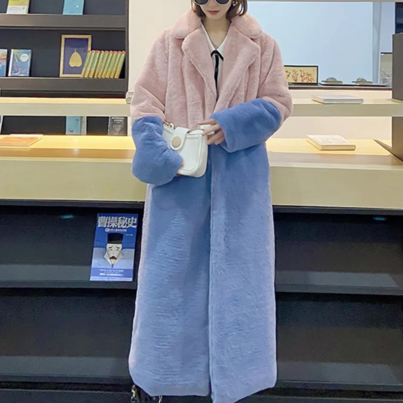 

2025 Women's Winter Oversized Mink Faux Fur Jacket Plush Collar Patchwork Mid-Length Coat Warm Soft Fluffy Fur Coats Outerwear