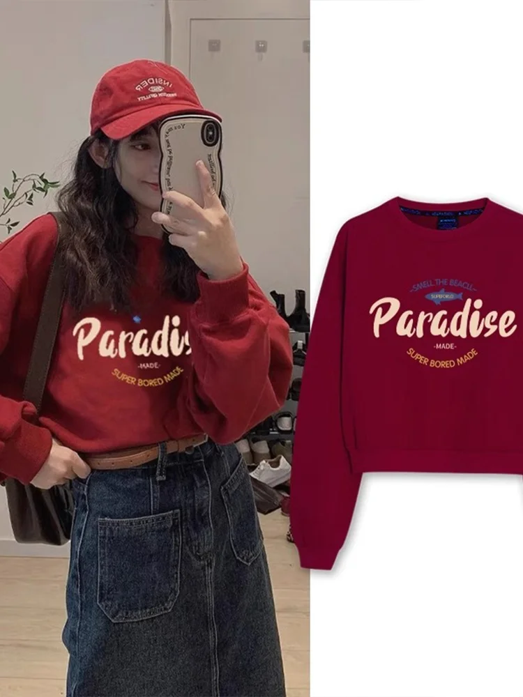 

Женская утепленная толстовка с капюшоном Red Snakes Year, осенне-зимняя, с круглым вырезом, в корейском стиле, с принтом, свободного кроя