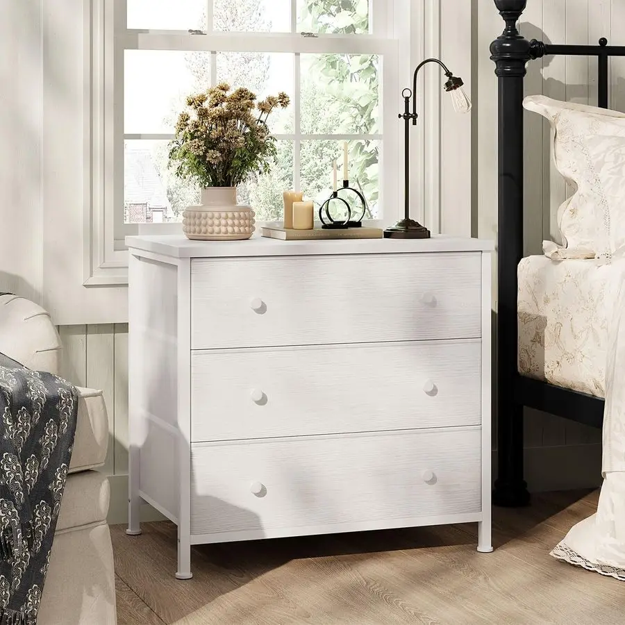 

White Nightstand with Fabric Drawers, Large Night Stand 3 Drawer Dresser for Bedroom, Closet, Girls Modern