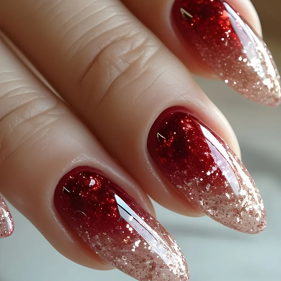 Set de 24 uñas postizas cortas y medianas súper brillantes con purpurina, flores, cielo estrellado, estilo ballet, almendradas cuadradas 3