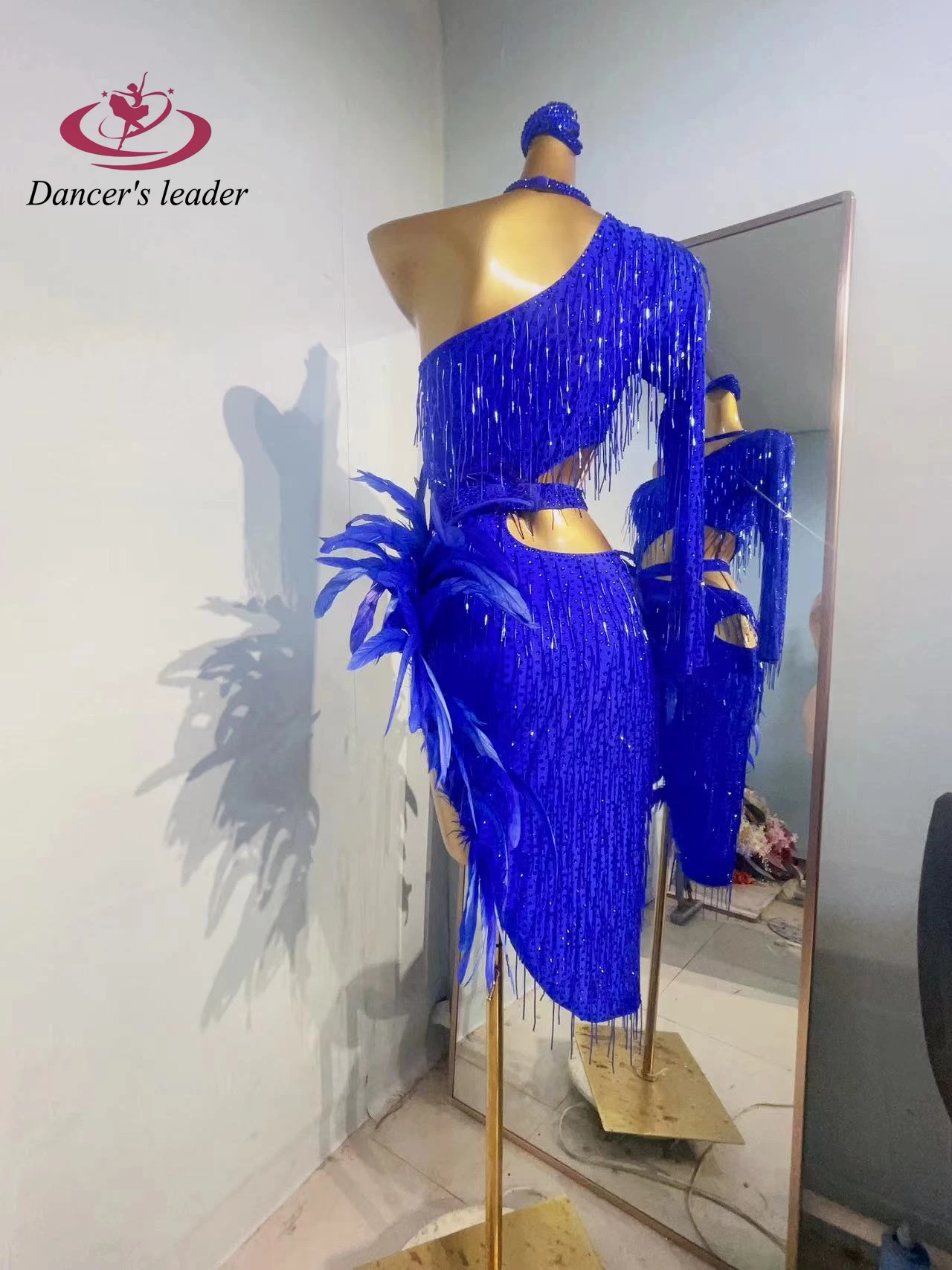 라틴 댄스 무대 여성 의류 하이 엔드 맞춤형 큰 깃털 예술 공연 삼바 라인 석 공연 의류 드레스