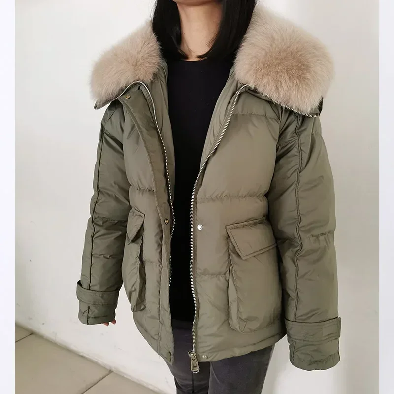 2024 Maomaokong loose Real Fox Fur Collar White Duck Down Jacket Women Winter Luxury Puffer Coat Oversize Feather Outwear