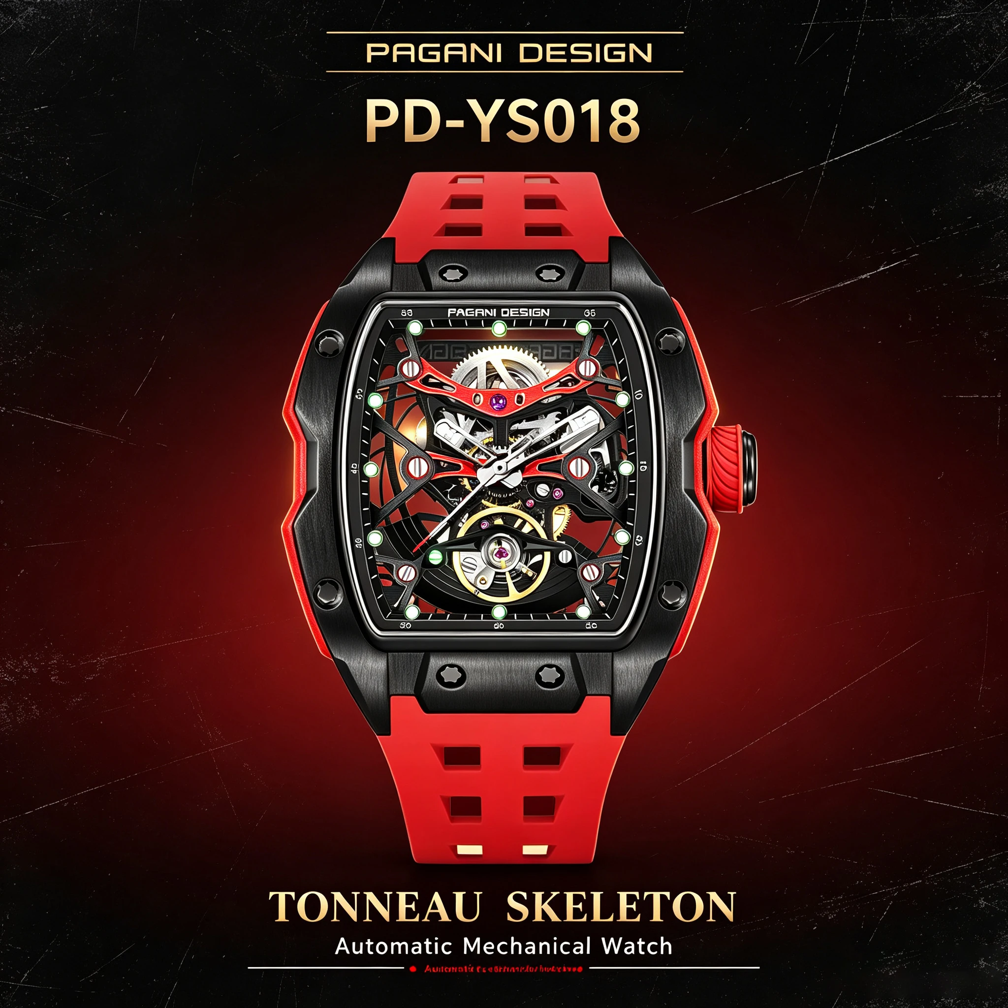 PAGANI DESIG Men Tonneau Skeleton Mechanical Watch Automatic SX5021 Wristwatch Sapphire Fluorine Rubber Strap For Men Present