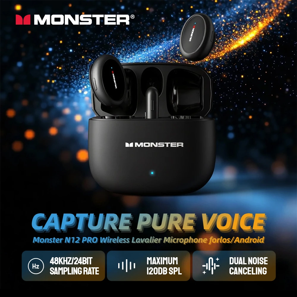 

Monster N12 Pro Wireless Lapel Microphone, ANC+ENC Noise Cancelling Lavalier Mic for iPhone 7-17 iPad Android Type-C Smart Phone