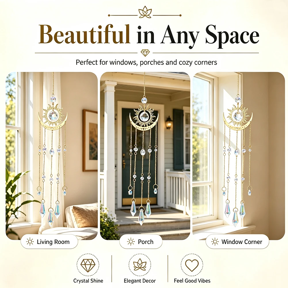 Clear Crystal Sun Moon Star Suncatcher Prism Hanging Ornament Lucky Feng Shui Window Home Porch Wall Decor Rainbow Projection