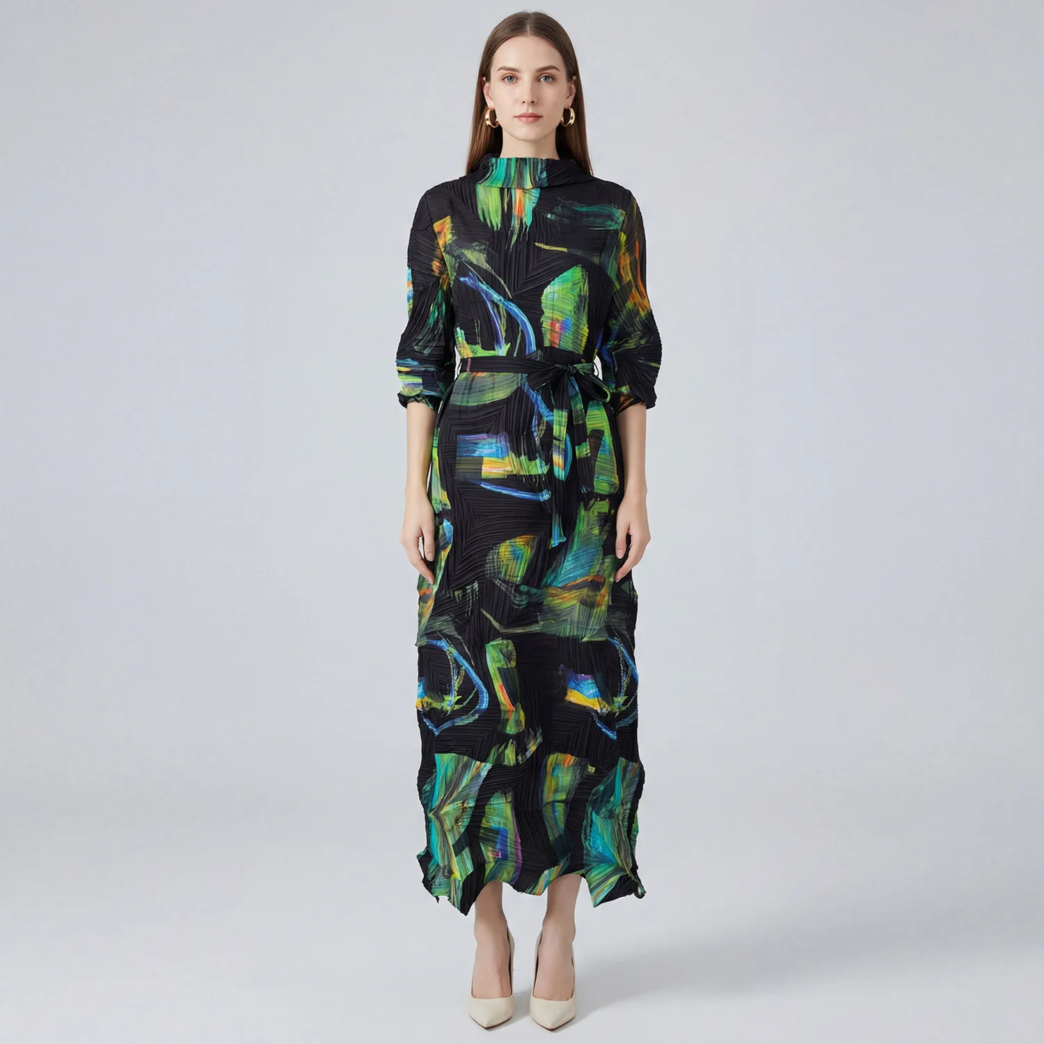 Miyake geplooid 2026 lente en zomer nieuwe mode damesontwerp onregelmatig gevoel voor casual geplooide print stropdas jurken geplooid