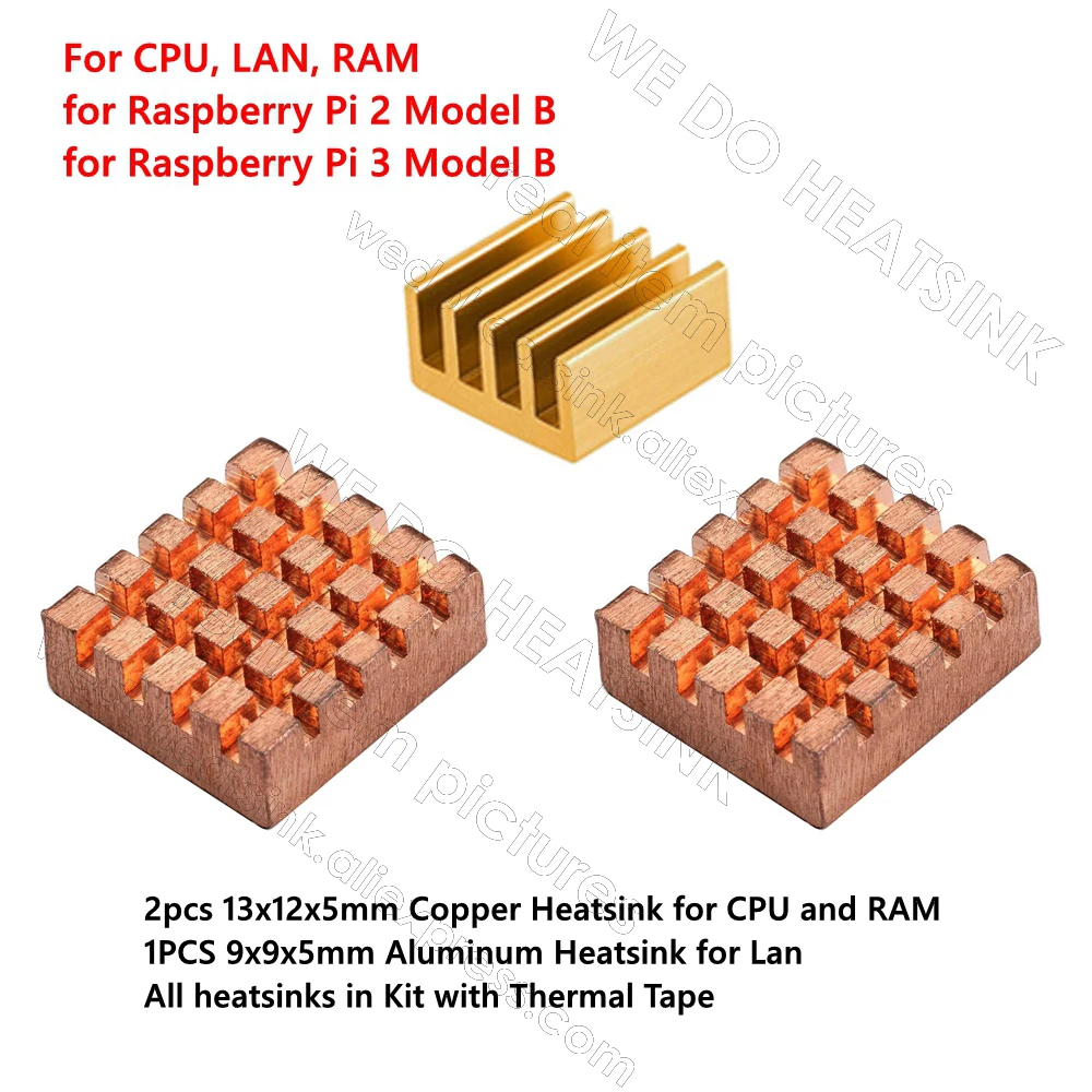 3pcs Copper and Aluminum Heatsink Set Cooling Cooler Kit Radiator With Thermal Tape Assembly For Raspberry Pi 2 / 3 Model B
