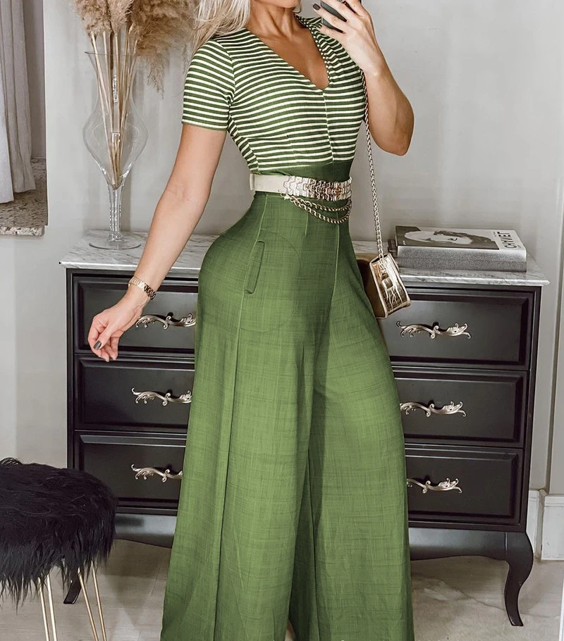 Wide Leg Jumpsuit Tight Woman New Summer 2024 Fashion Sexy Light Green Short Sleeved Striped  Jump Suits for Female Streetwear