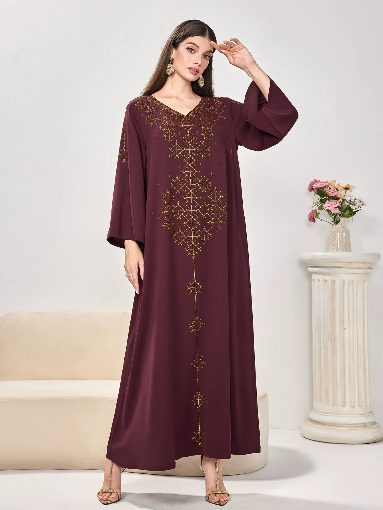 Fashion Light Luxury Muslim Dress Women Nail Diamond Flower Print Arabic Dress for Women Abaya Dubai Clothes for Muslim Women