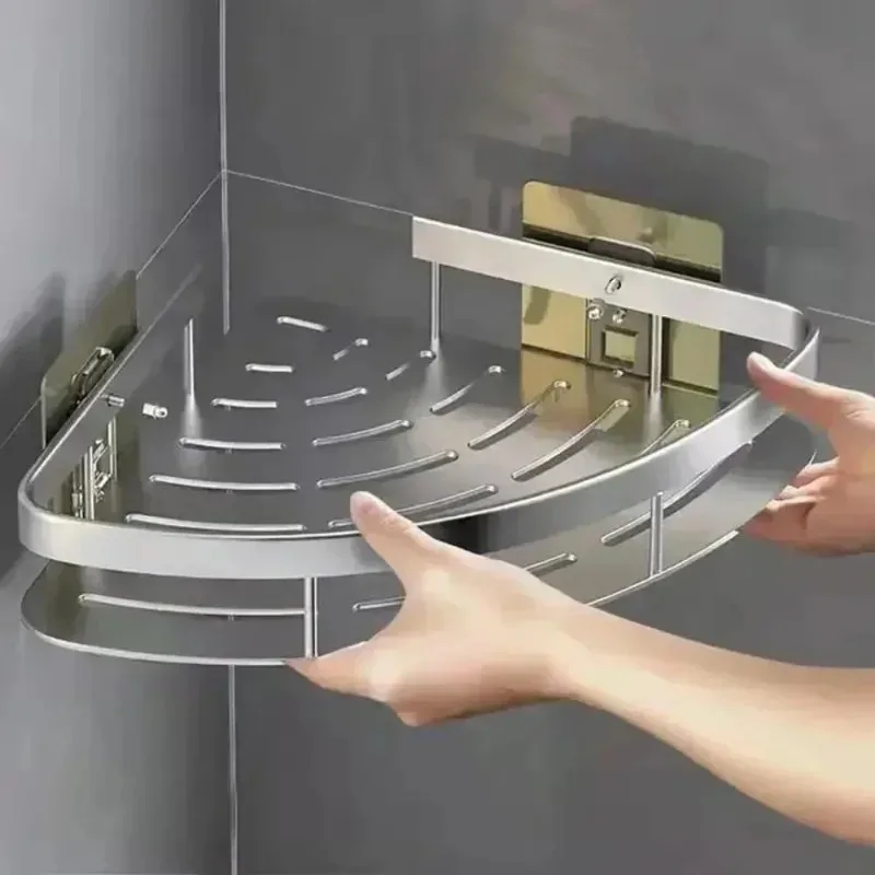 Popular Shelf No Drill Wall Corner Shelf Kitchen Bathroom Accessories Bathroom Shelves Nail-free Shelf Shower Corner Aluminum