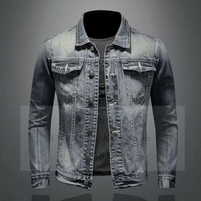 

2025 Осенняя новая джинсовая куртка, модная мужская приталенная куртка в корейском стиле, большой размер 3Xl 4Xl, пальто, мужская верхняя одежда в винтажном стиле в стиле хип-хоп