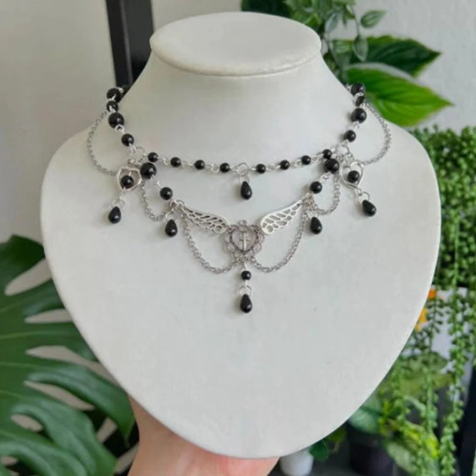 Gothic Black Cross Angel Wings Crystal Bead Necklace Jewelry Pixie Fairy Core Punk Pearl Beaded Choker Gift for Her