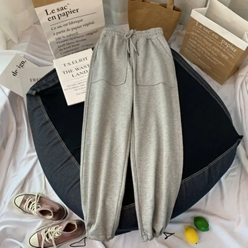 2023 New Spring and Autumn Fashion High Waist Lace Up Casual Loose Solid Color Versatile Drawstring Tied Feet Cropped Sweatpants