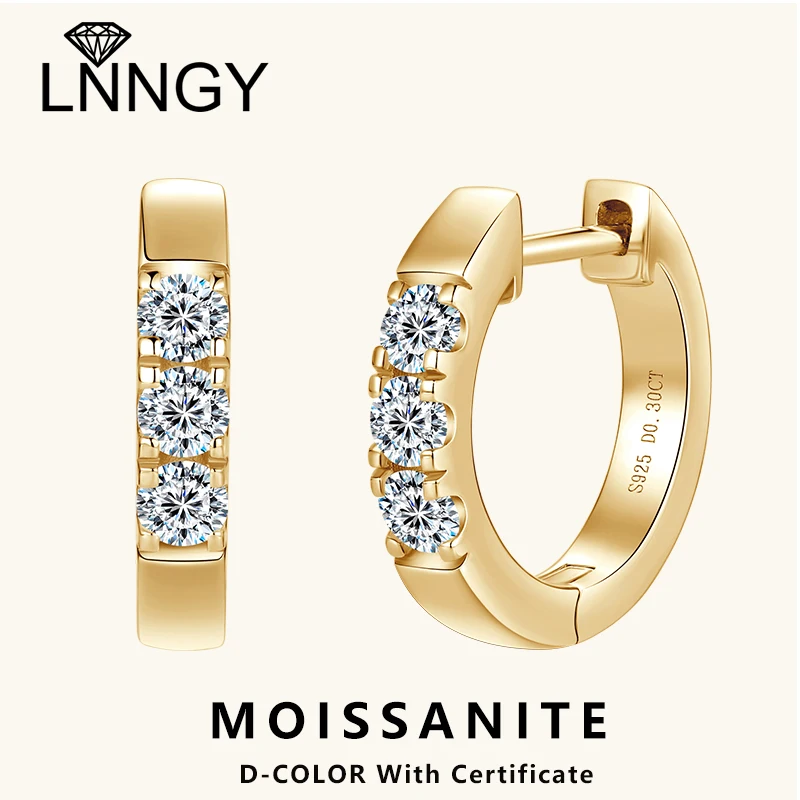 

Lnngy 3 мм серьги-кольца с муассанитом Oorbellen Zilver, стерлинговое серебро 925 пробы, серьги Huggies с тремя камнями для женщин, сертифицированные ювелирные изделия