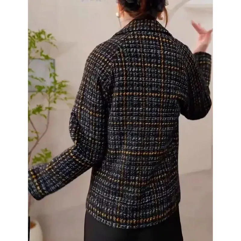 High-end Small Fragrant Style Woolen Plaid Blazer Coat Women Spring Autumn Casual Tweed Suit Jacket Office Lady Short Outwear