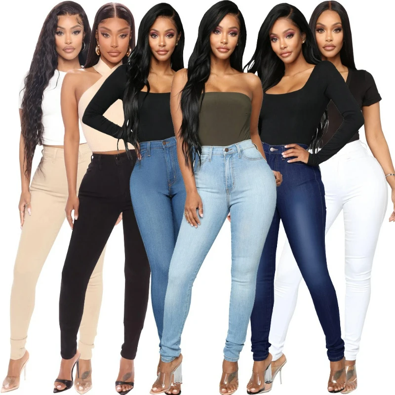 

Women Pencil Pants Denim High Waist Button Pockets Casual Long Pant Solid Jeans Trousers Slim Fit Office Lady Spring Summer