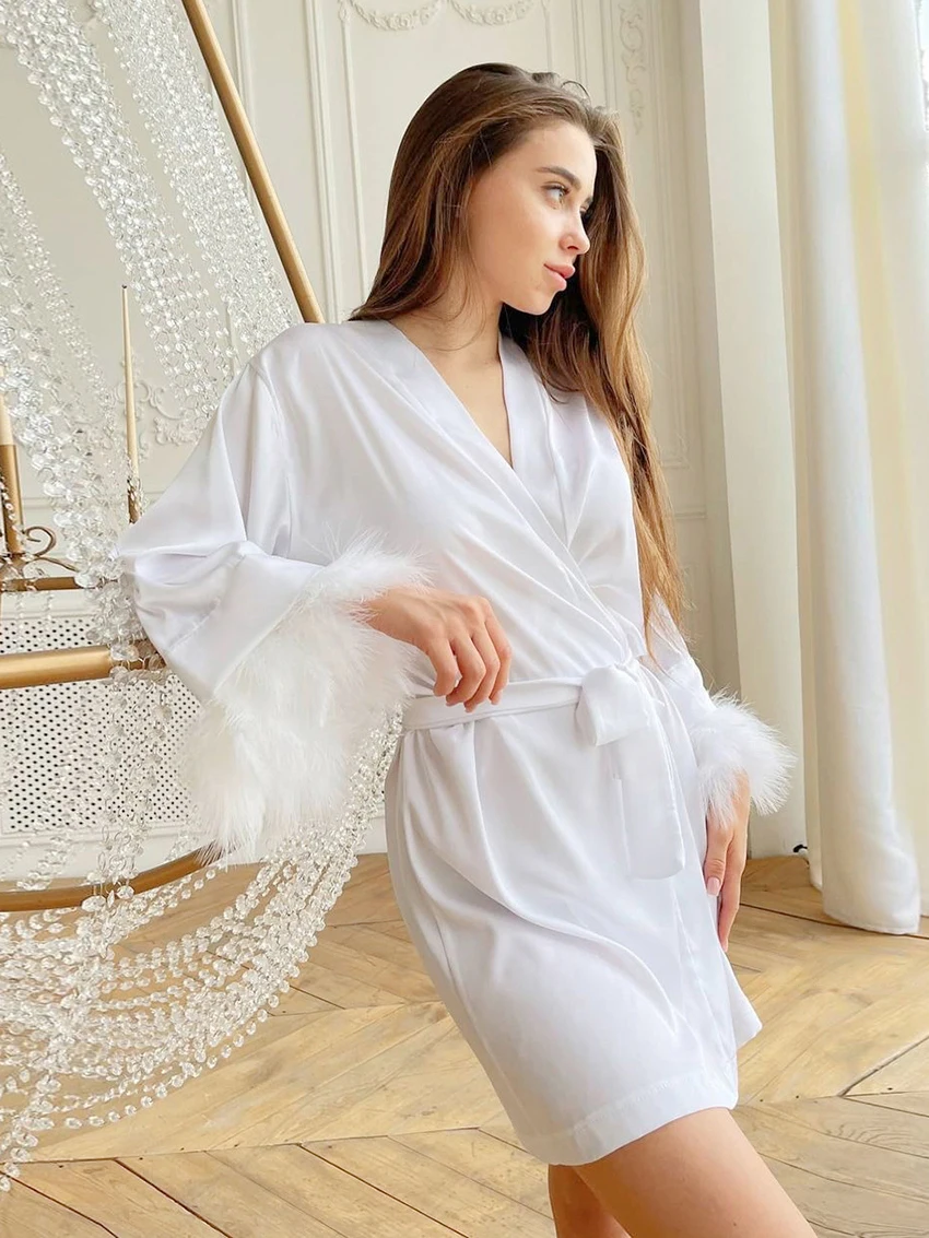 White Feather Robe With Fur Full Sleeves Sleepwear Satin Robes For Women Nightgown Bride Robe Gown Dress Bathrobe Female