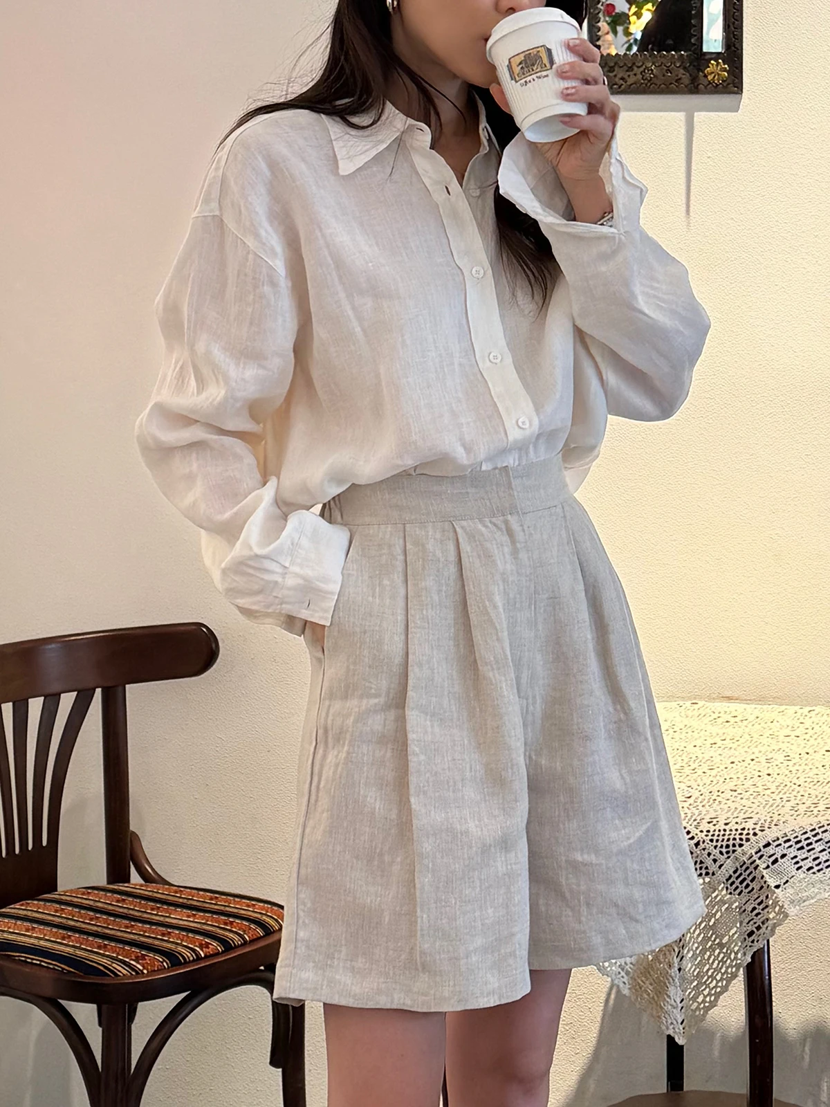 

High Waist Bermuda orts Women's Linen Summer Spring High Waist A-Line Elastic Waist Design Sensation Pants Commute Sle