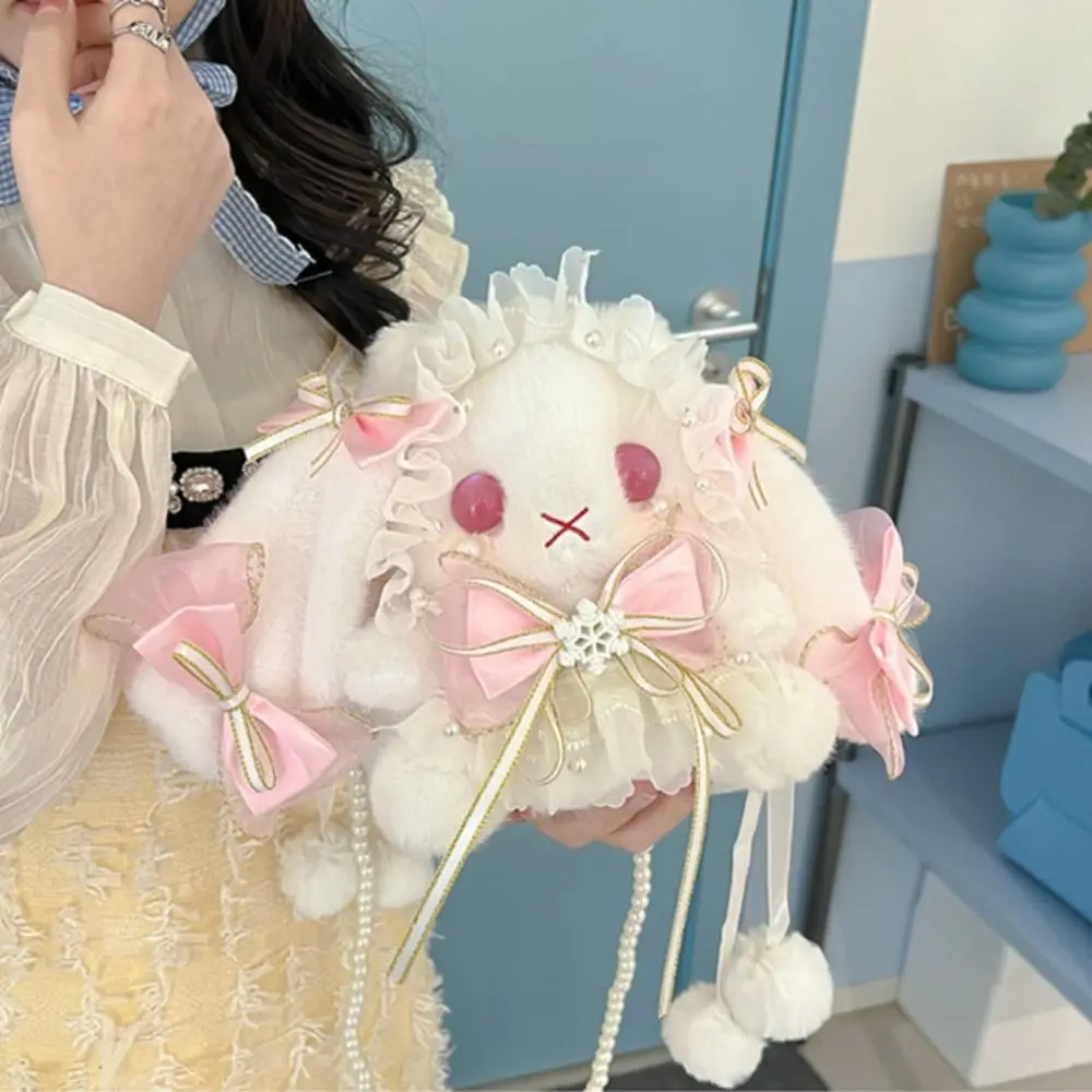 

New Cute Bunny Plush Bag Lolita Element Shoulder Bag Kawaii Princess Sweet Pearl Chain Crossbody Bags Long-eared Rabbit Purse